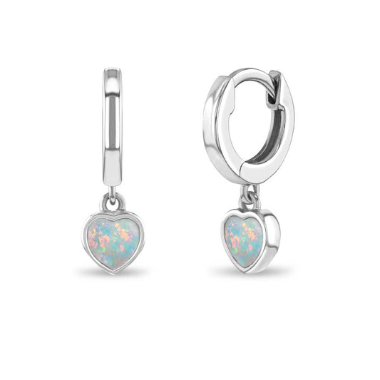 In Season Jewelry - Opal Heart 9mm Earrings Hoop - Sterling Silver Gold Plated: Silver Tone