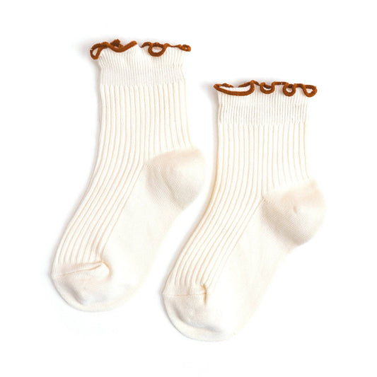 Little Stocking Co. - Ribbed Lettuce Trim Midi Socks - Ivory/Sugar Almond: 1.5-3 YEARS