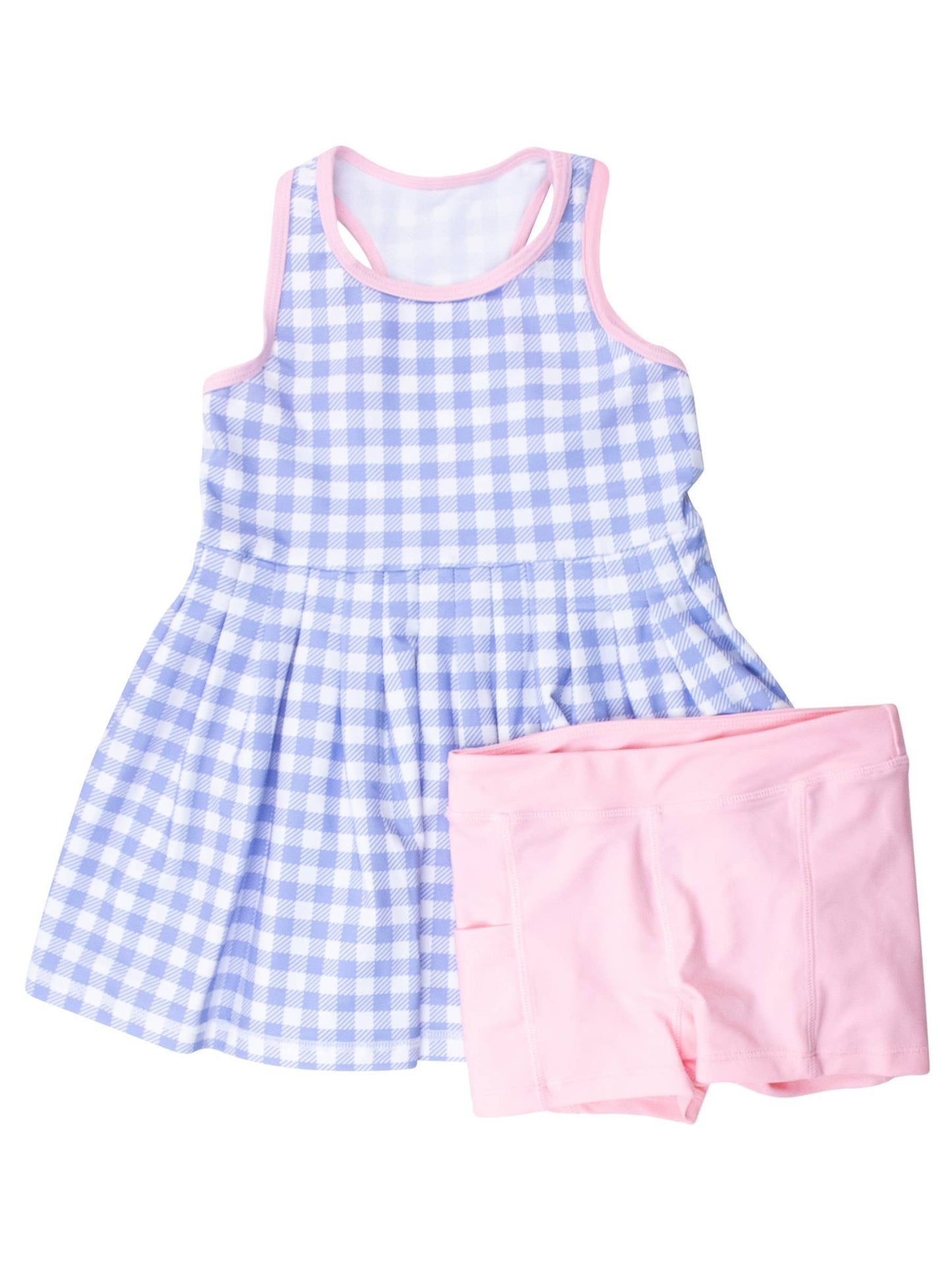 Girls Periwinkle Blue Gingham Active Dress & Bike Short Set