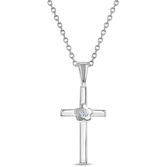 In Season Jewelry - Flower CZ Cross Children's / Girl Necklace - Sterling Silver: Clear CZ