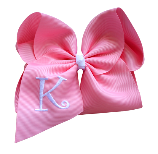 The Solid Bow - 4 inch Pink Embroidered with White Initial (choose initial): Alligator Clip / A / 4 inch