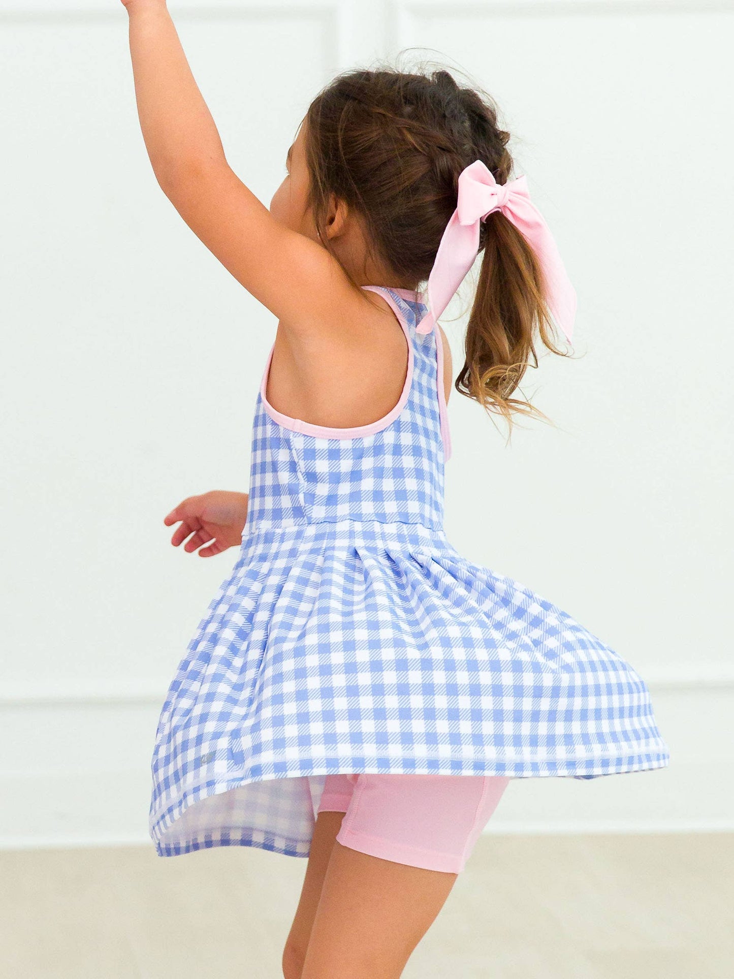 Girls Periwinkle Blue Gingham Active Dress & Bike Short Set