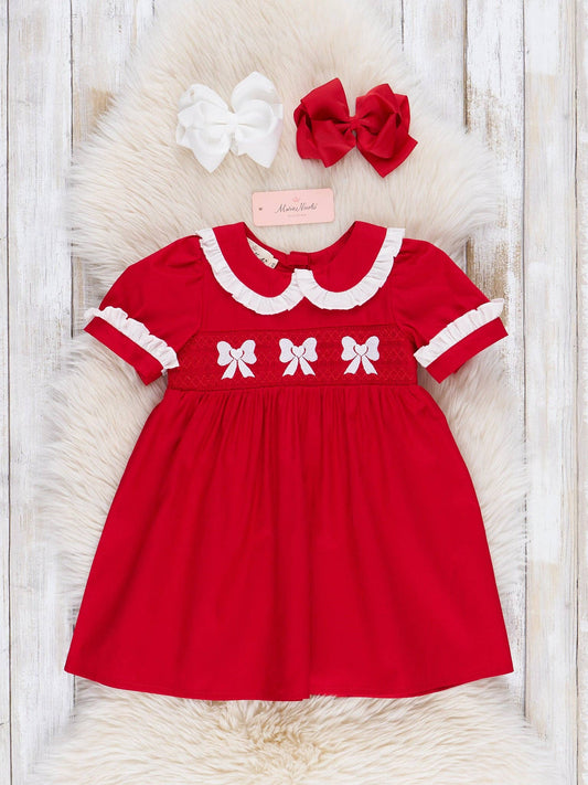 Marie Nicole Clothing - Red Smocked Bows Ruffle Dress