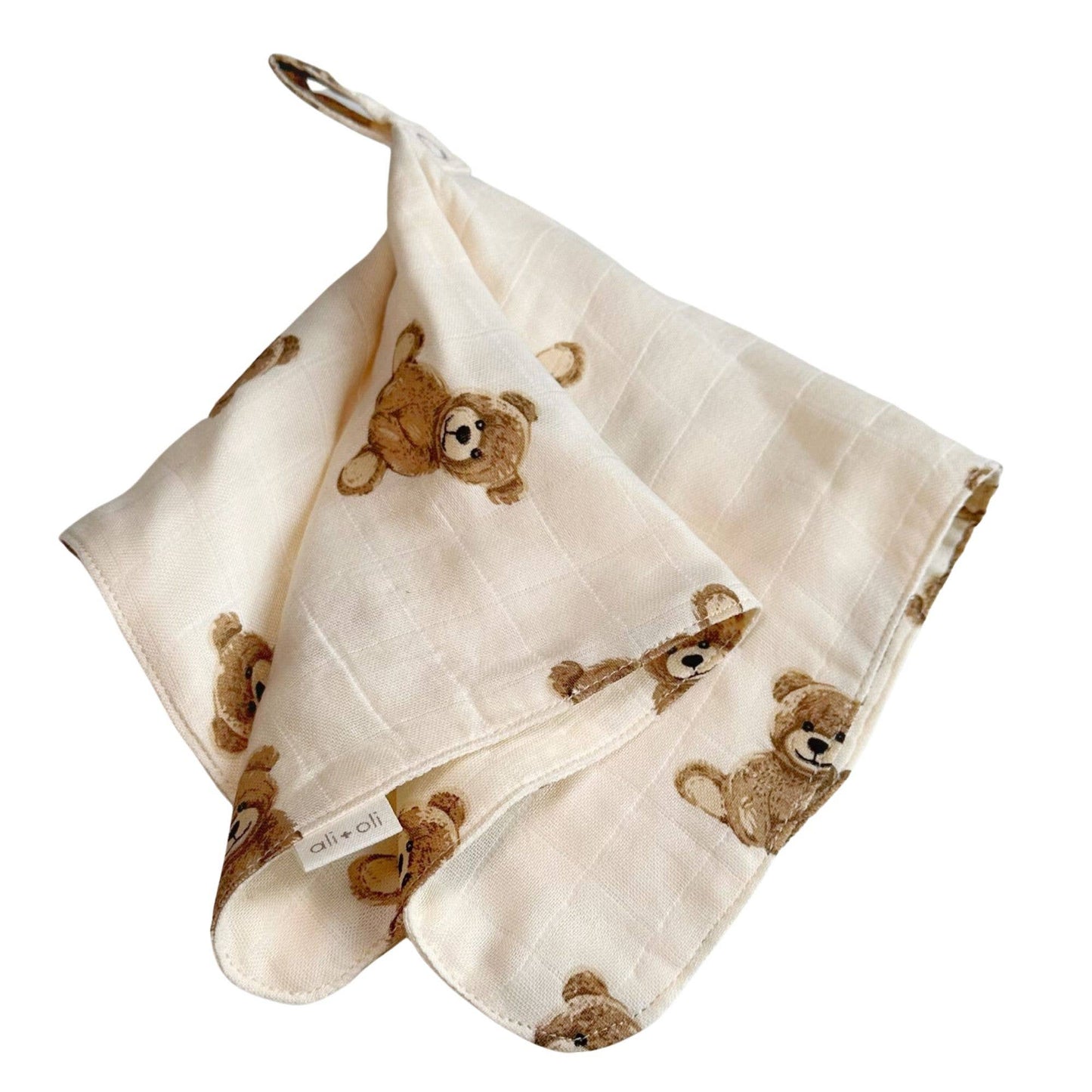 Ali+Oli - Pacifier Blanket Holder Bamboo Muslin (Teddy Bear)