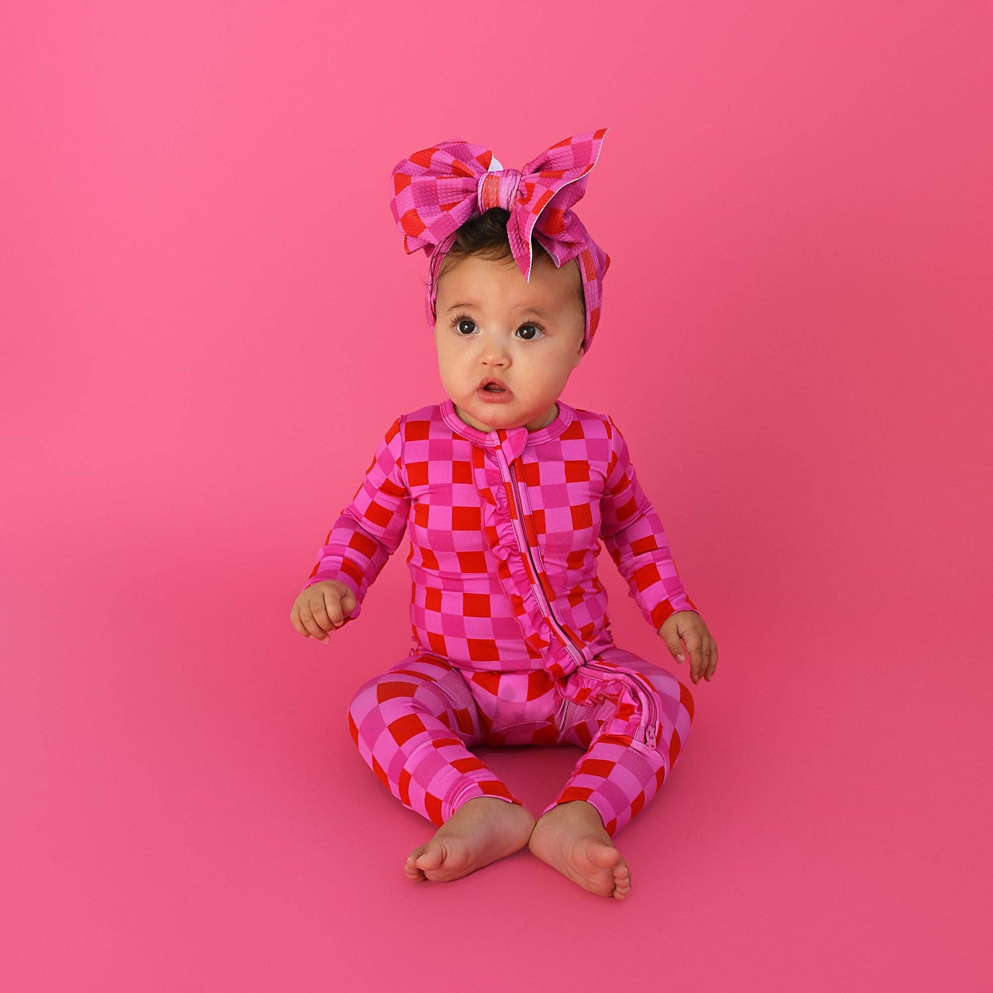 Gigi and Max - Sydney Pink Checks Ruffle Zip Bamboo Valentines Day : Newborn