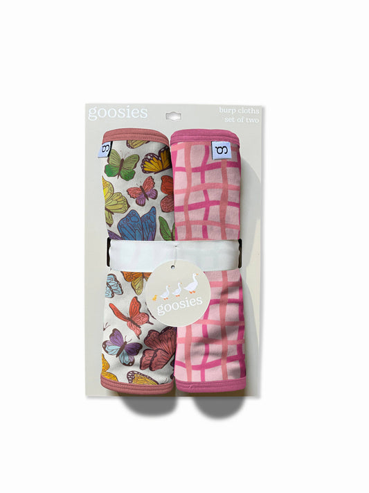 Goosies - Burp Cloths Set of 2 (Butterflies/Pink Wavy Plaid)