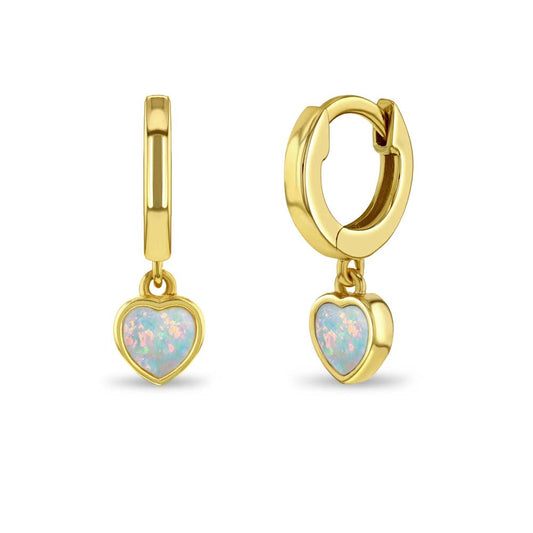 In Season Jewelry - Opal Heart 9mm Earrings Hoop - Sterling Silver Gold Plated: Gold Tone