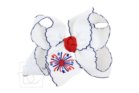 Beyond Creations, LLC - EMBROIDERED PATRIOTIC CROCHET EDGE BOW: 4.5" Large Bow w/ Firework Embroidery