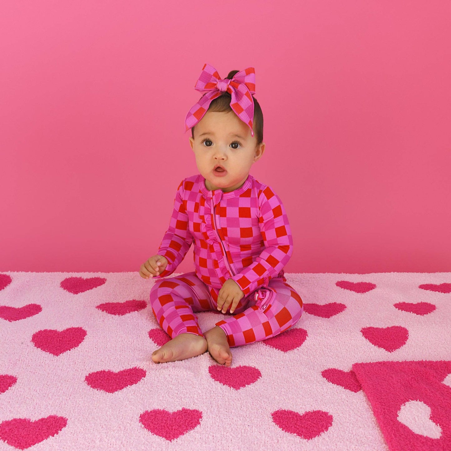 Gigi and Max - Sydney Pink Checks Ruffle Zip Bamboo Valentines Day : Newborn