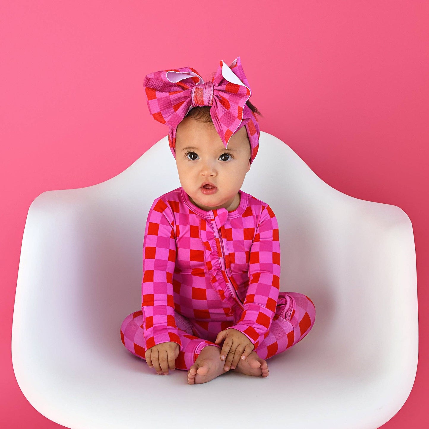 Gigi and Max - Sydney Pink Checks Ruffle Zip Bamboo Valentines Day : Newborn