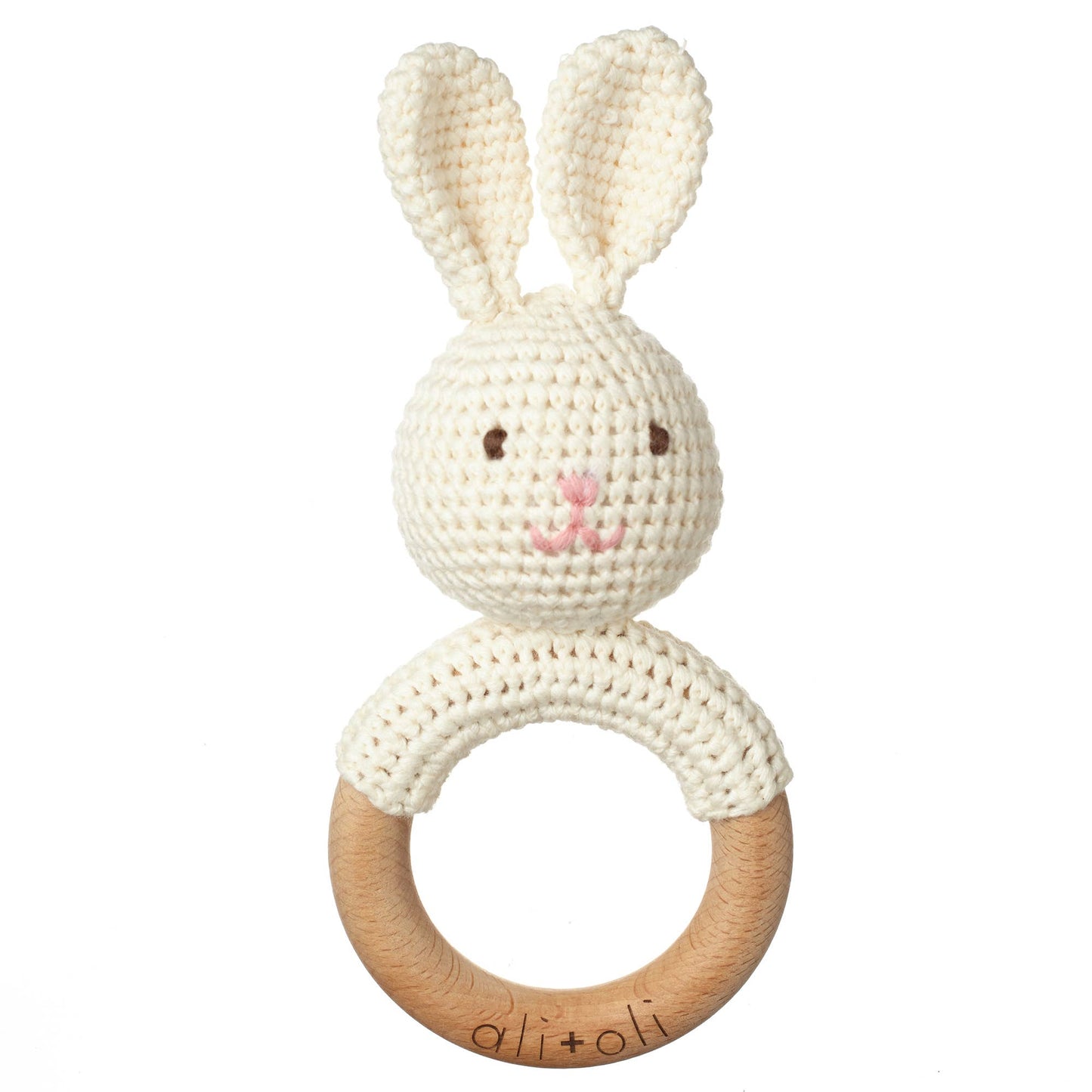 Ali+Oli - Baby Teething Toy Rattle Wood Ring Crochet (Bunny)