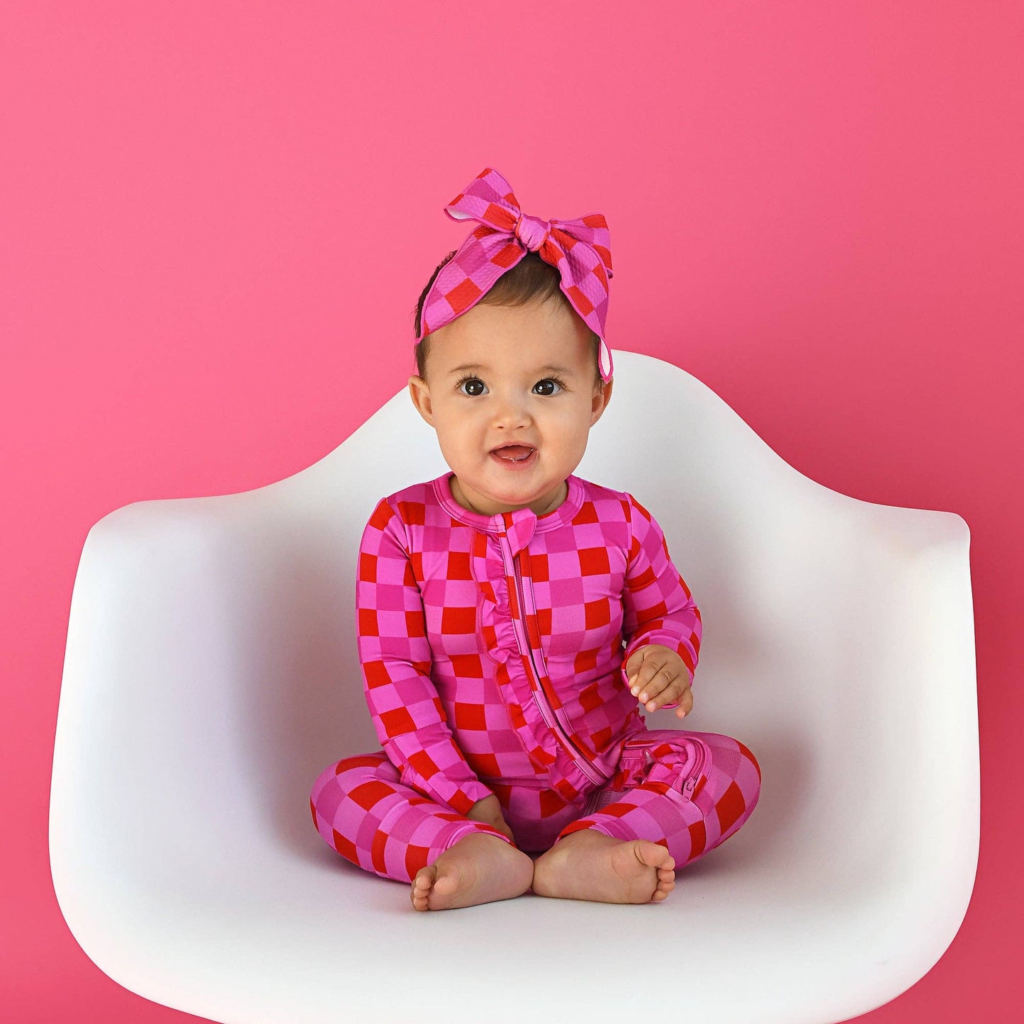 Gigi and Max - Sydney Pink Checks Ruffle Zip Bamboo Valentines Day : Newborn