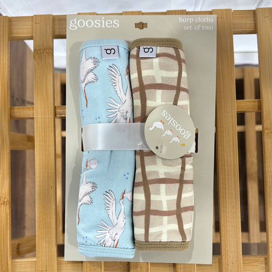 Goosies - Burp Cloths Set of 2 (Stork Blue/Tan Wavy Plaid)