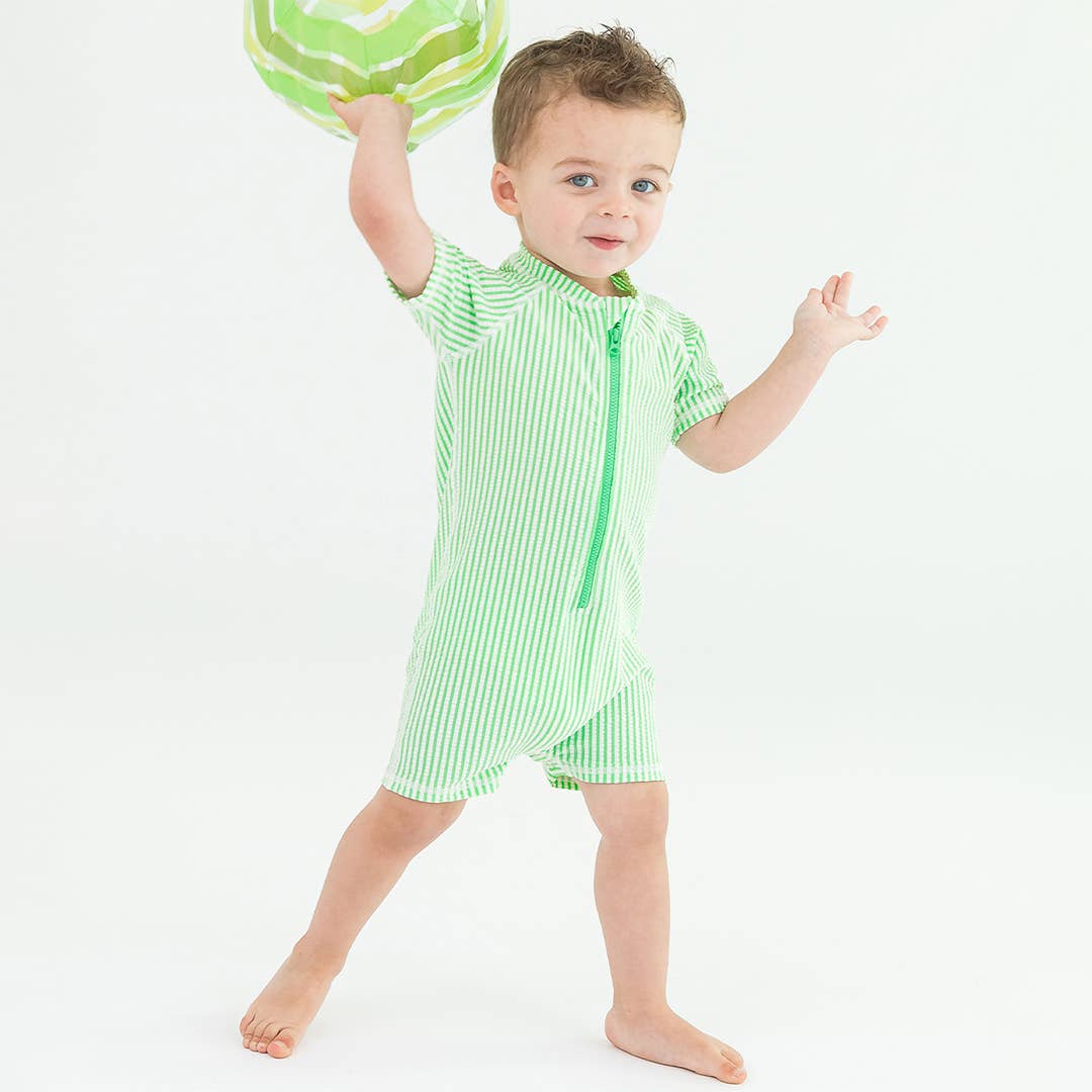 Spring Green Seersucker Short Sleeve One Piece Rash Guard