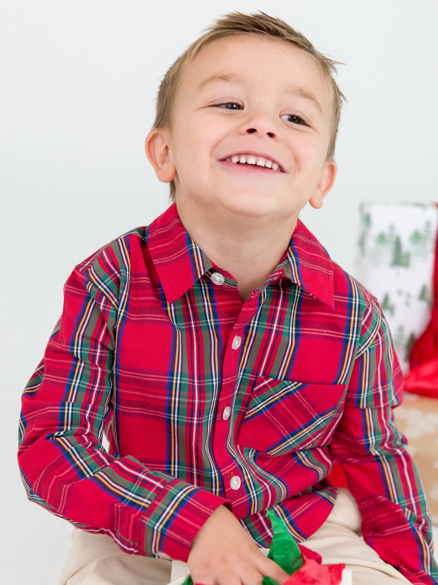 Boys Tis The Season Plaid Long Sleeve Button Down Shirt: Red