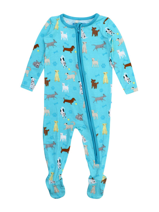 RuffleButts + RuggedButts - Baby Boys Bamboo Viscose Puppy Playtime Footed Pajama: Blue / 0-3m