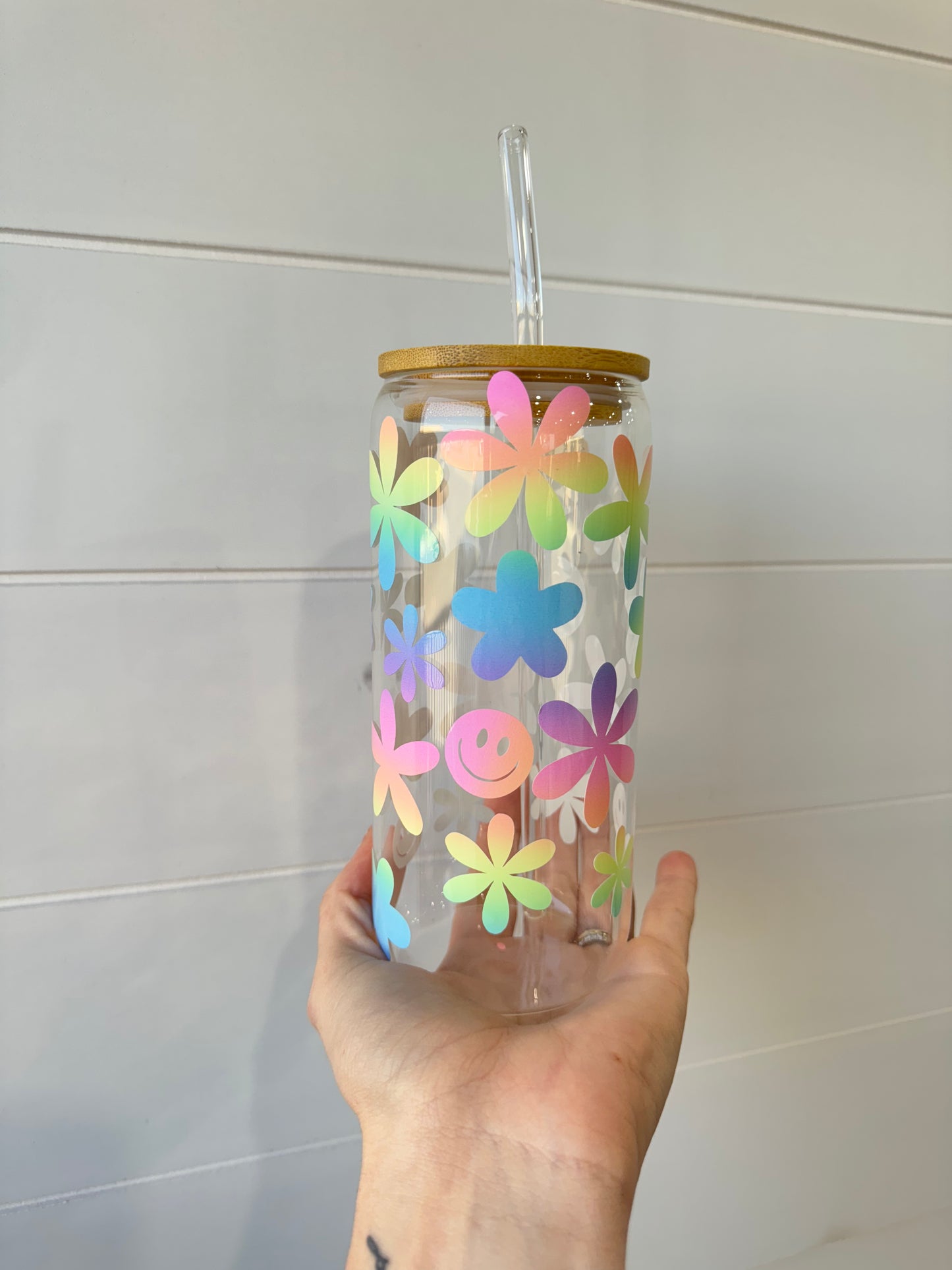 Flower and Smiley Glass Cup