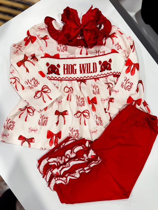 Hog Wild Bow Smocked Two Piece Ruffle Set