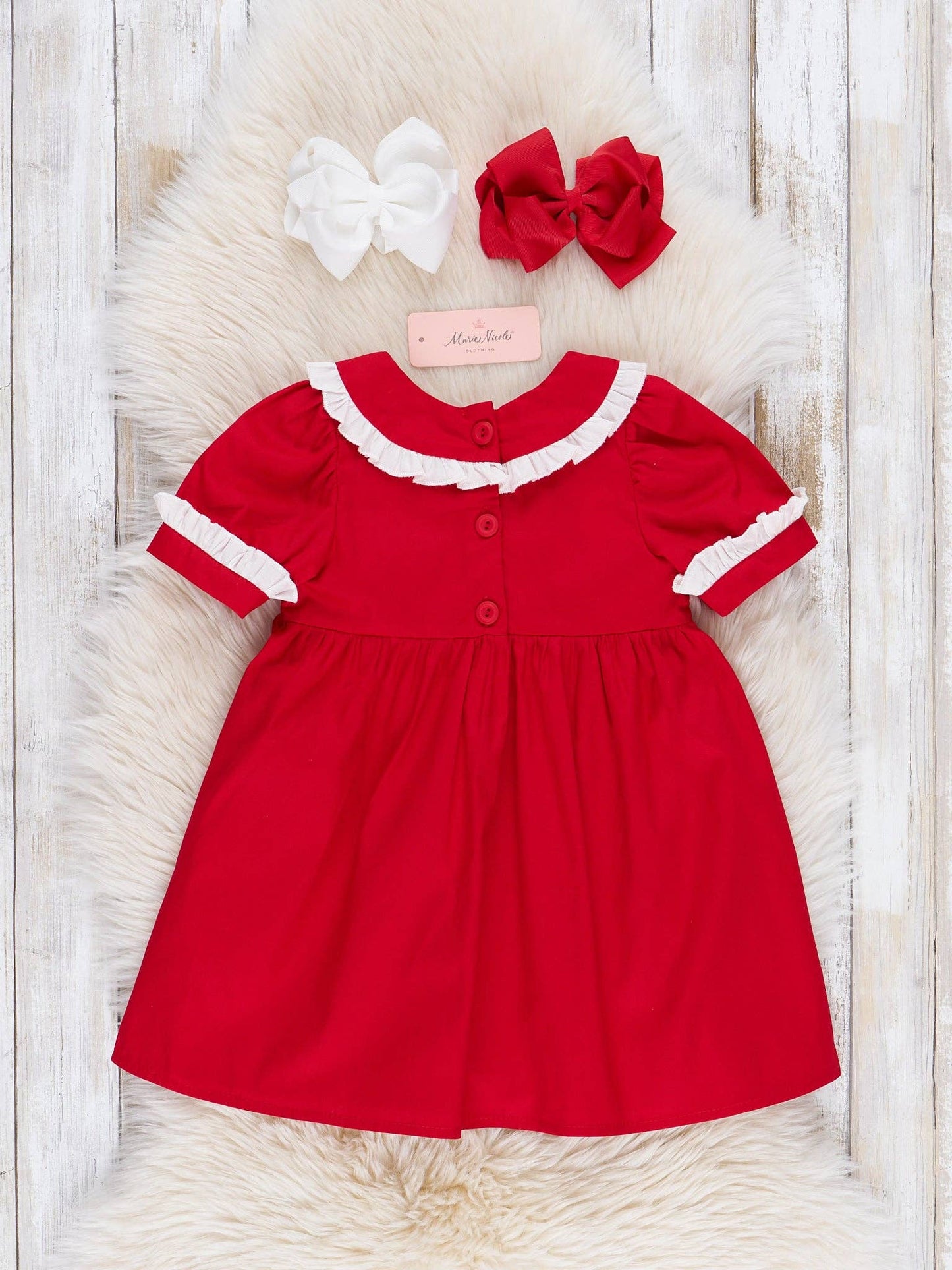 Marie Nicole Clothing - Red Smocked Bows Ruffle Dress