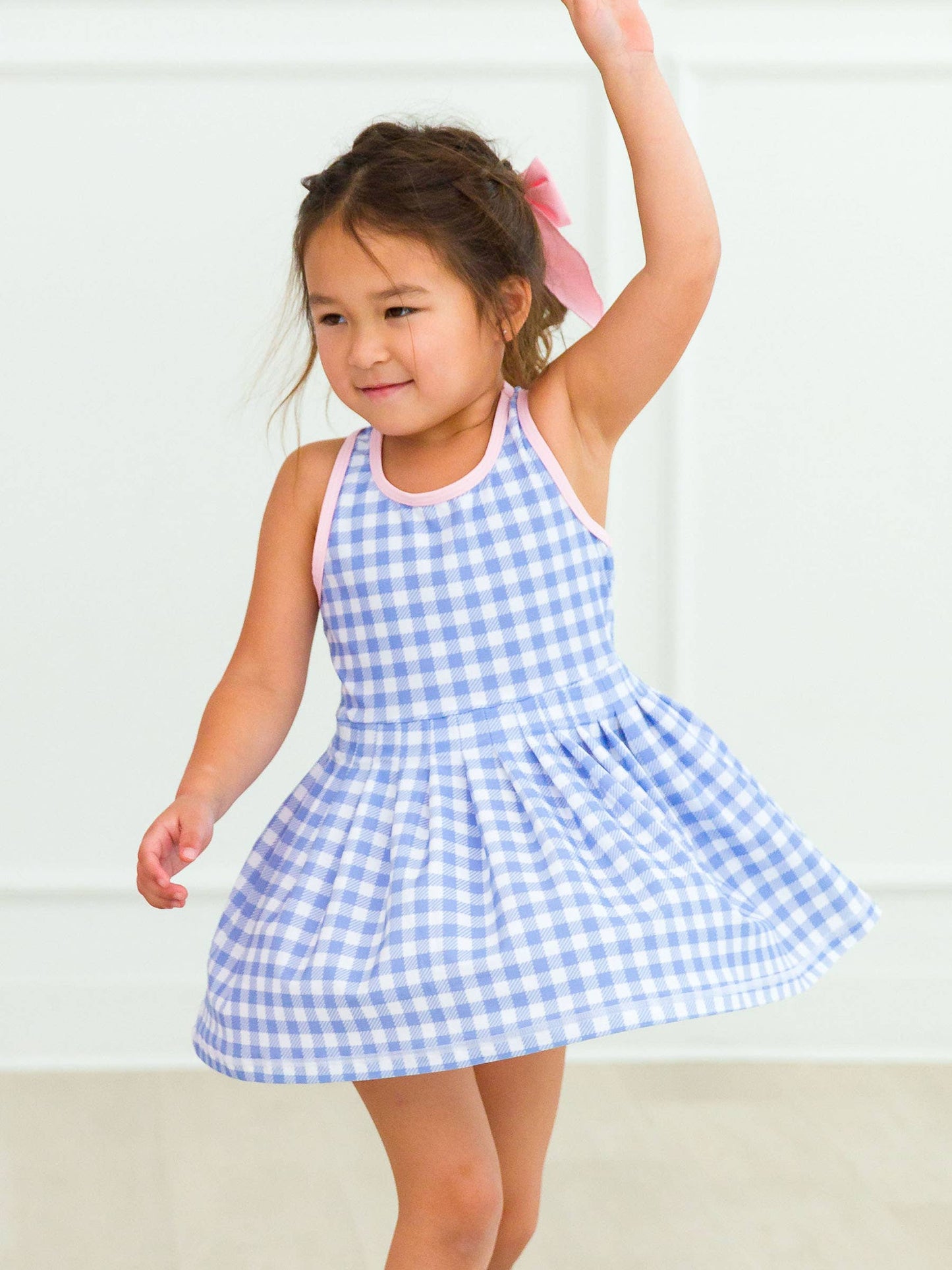 Girls Periwinkle Blue Gingham Active Dress & Bike Short Set