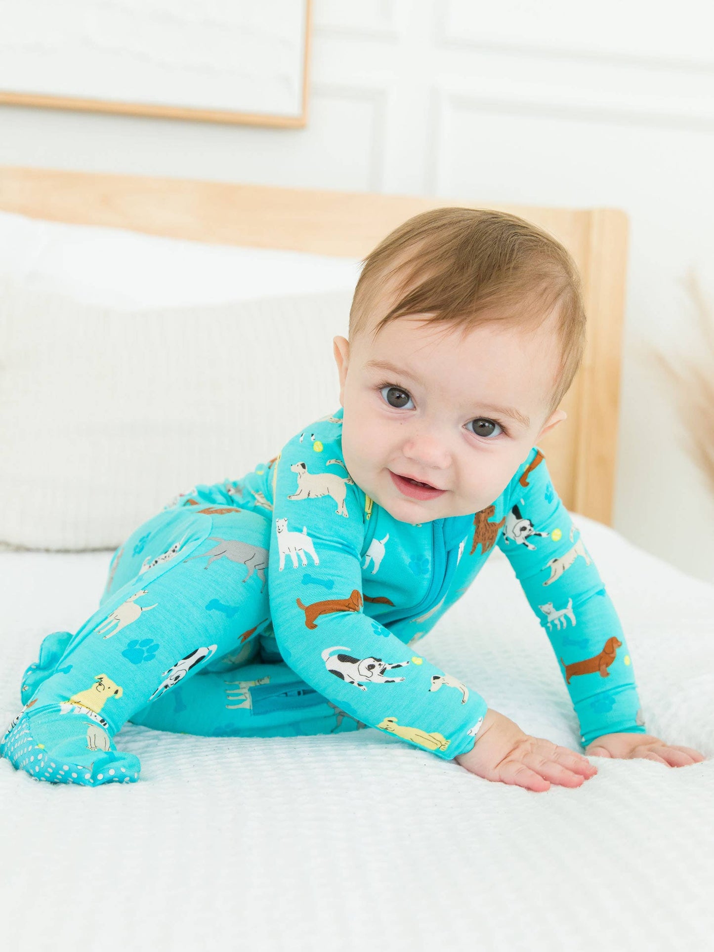 RuffleButts + RuggedButts - Baby Boys Bamboo Viscose Puppy Playtime Footed Pajama: Blue / 18-24m