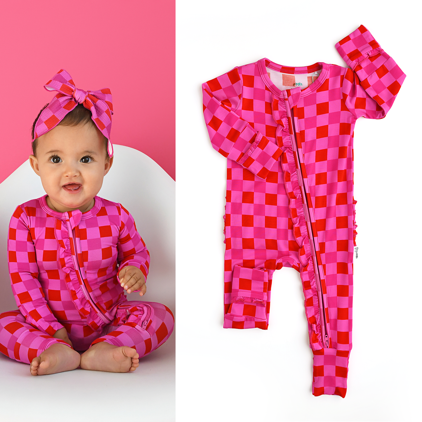 Gigi and Max - Sydney Pink Checks Ruffle Zip Bamboo Valentines Day : Newborn