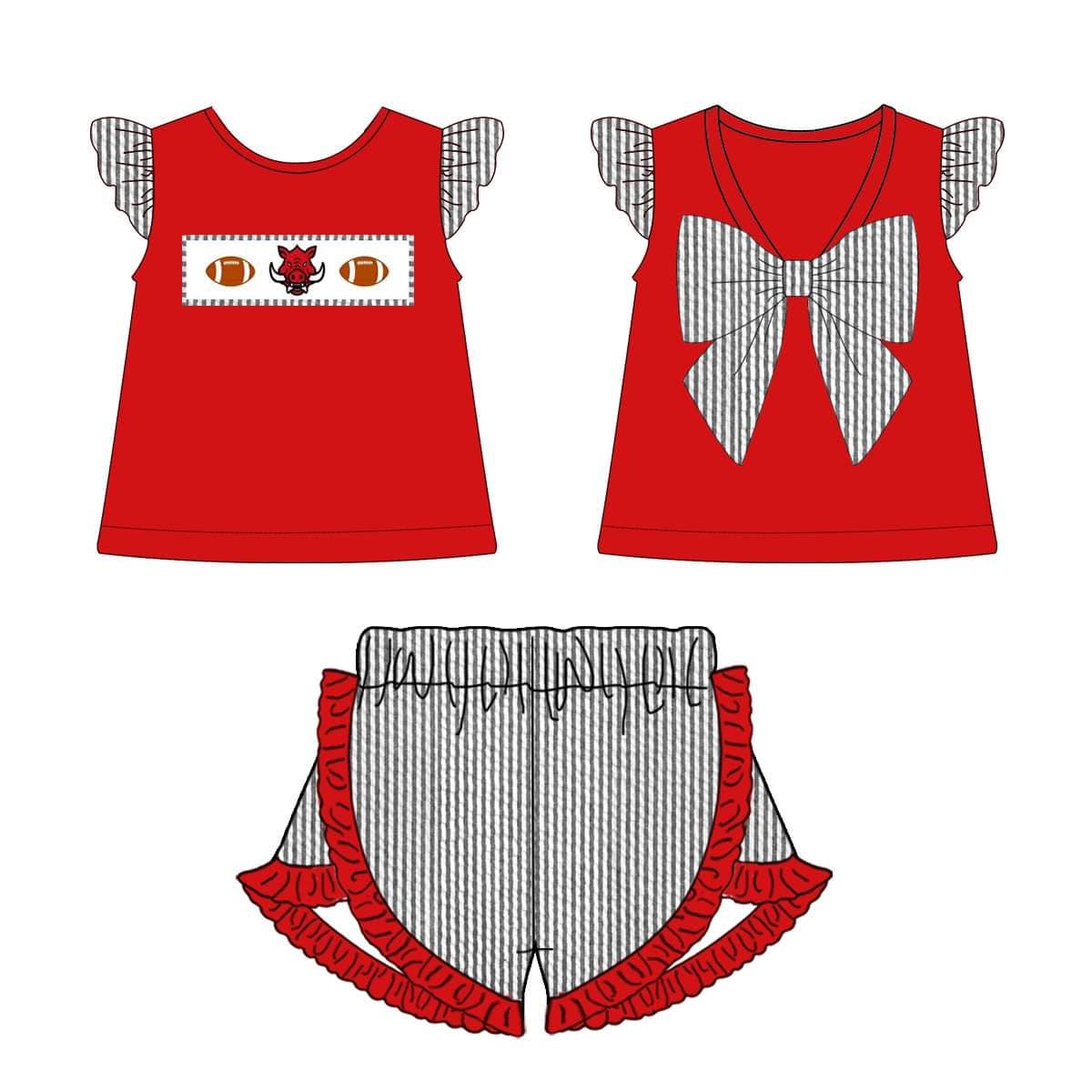 Embroidered Seersucker Girl Short Set- Razorback