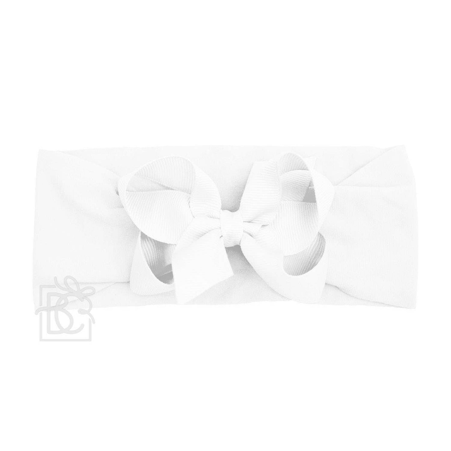 WIDE PANTYHOSE HEADBAND W/CLASSIC GROSGRAIN BOW: 5.5" Huge / 3+ Months / WHITE