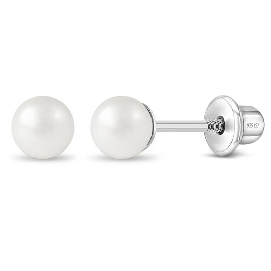 In Season Jewelry - Classic Pearl 3-5mm Toddler Kids Earrings - Sterling Silver: 4mm