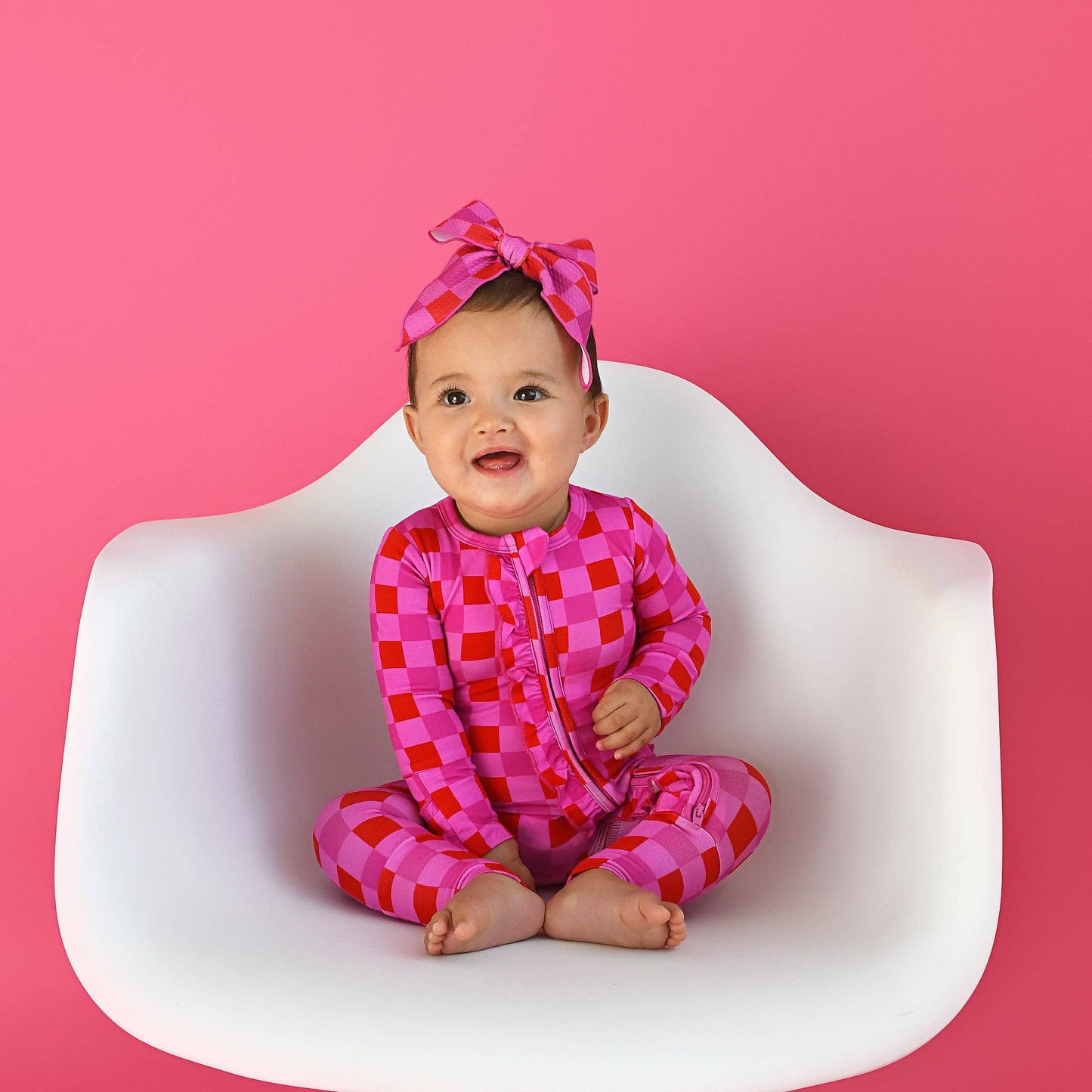 Gigi and Max - Sydney Pink Checks Ruffle Zip Bamboo Valentines Day : Newborn