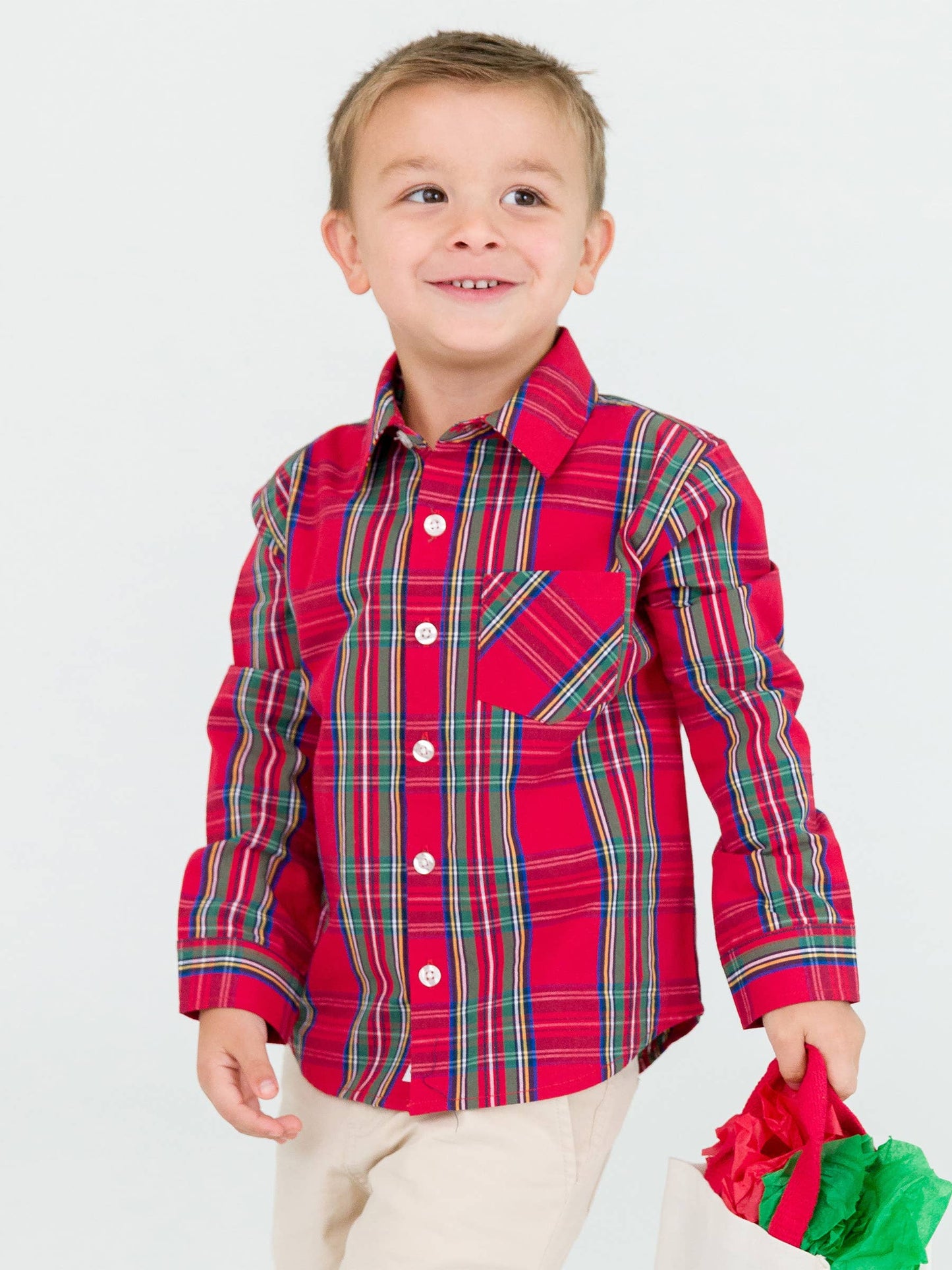 Boys Tis The Season Plaid Long Sleeve Button Down Shirt: Red