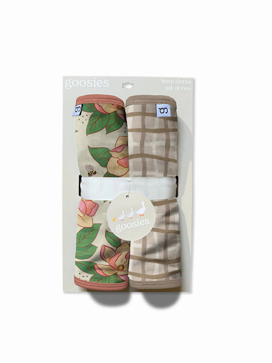 Goosies - Burp Cloths Set of 2 (Magnolias/Tan Wavy Plaid)