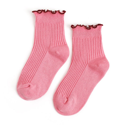 Little Stocking Co. - Ribbed Lettuce Trim Midi Socks - Pink/Burgundy: 1.5-3 YEARS