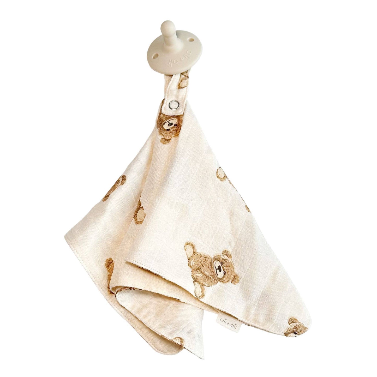 Ali+Oli - Pacifier Blanket Holder Bamboo Muslin (Teddy Bear)