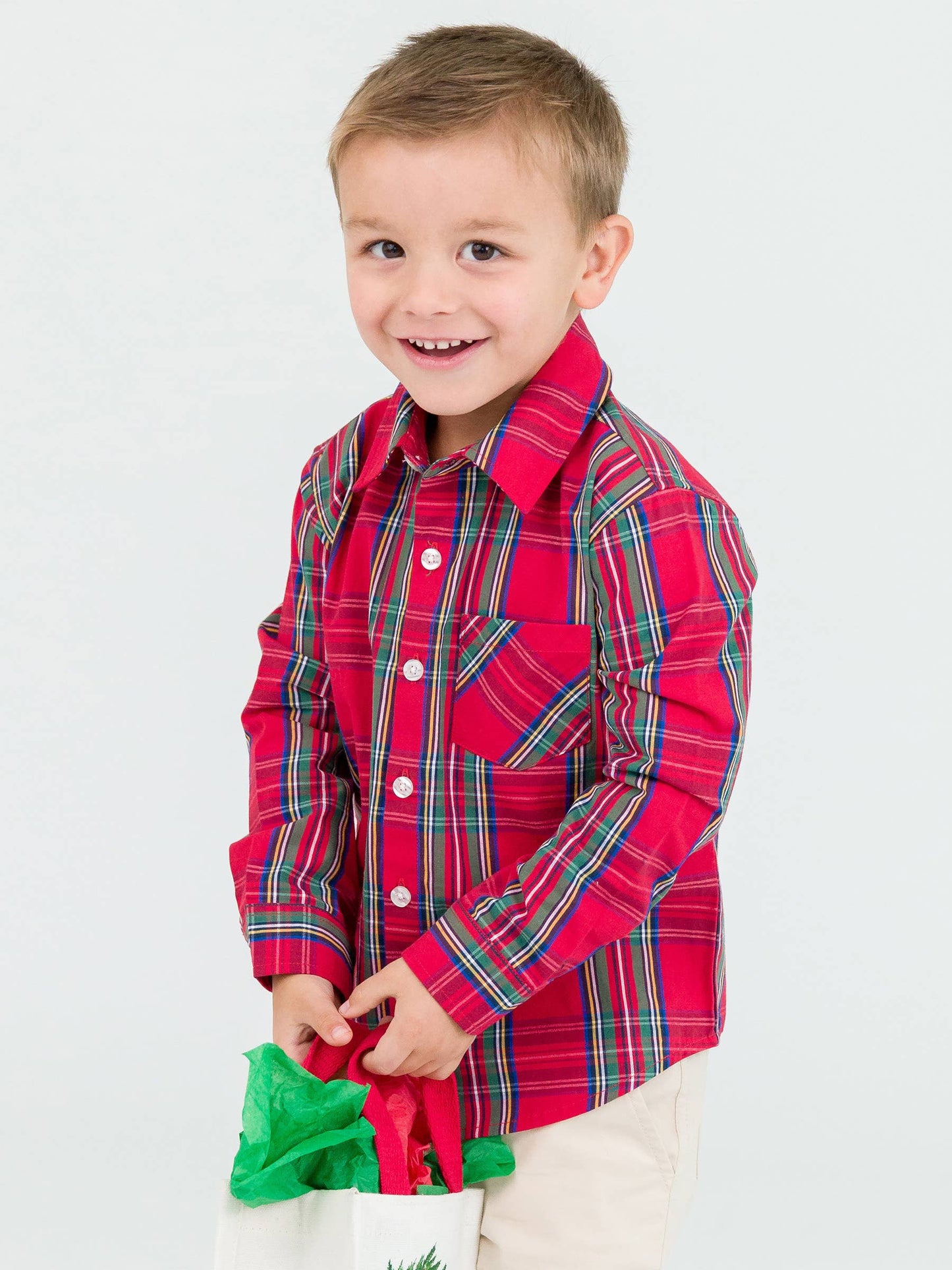 Boys Tis The Season Plaid Long Sleeve Button Down Shirt: Red