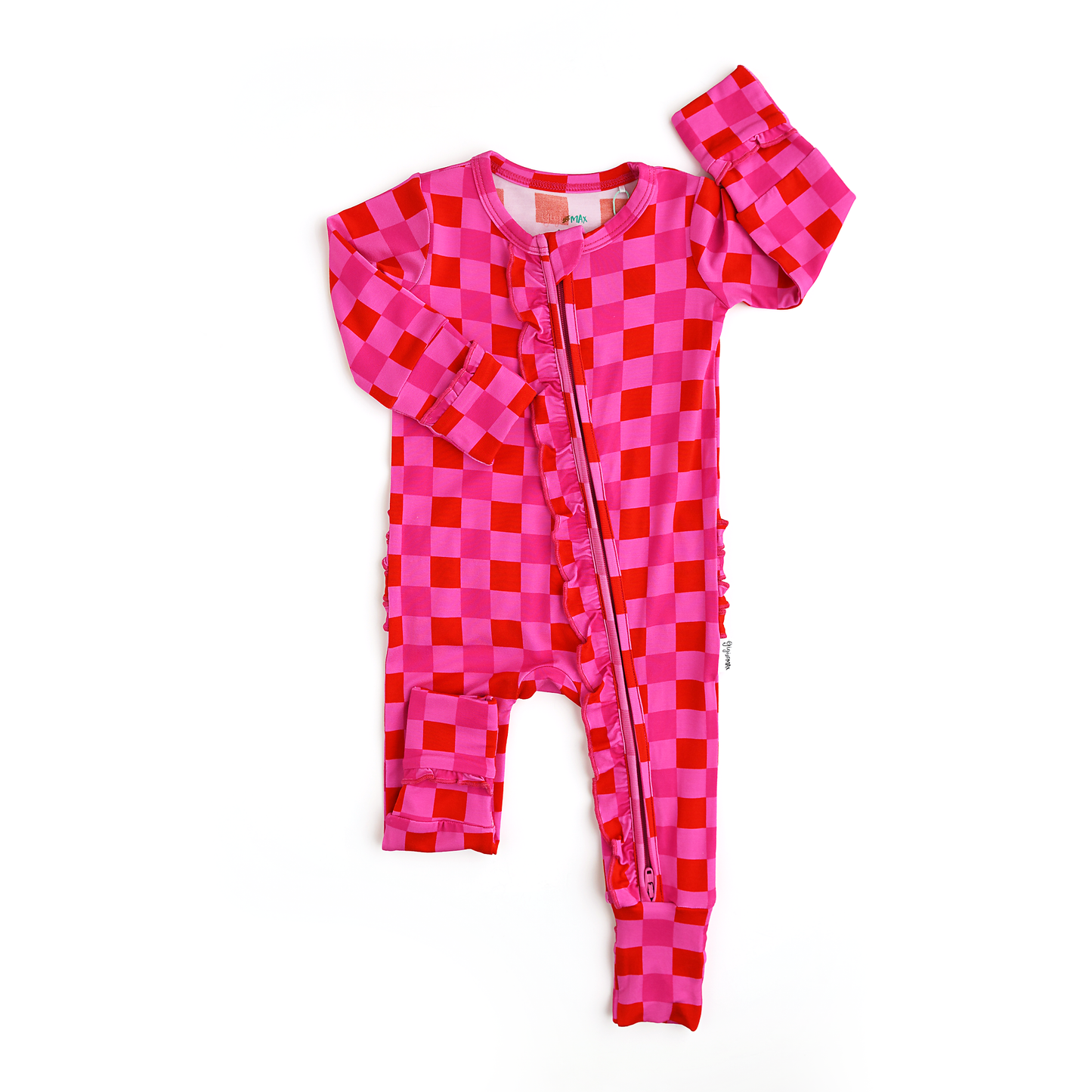 Gigi and Max - Sydney Pink Checks Ruffle Zip Bamboo Valentines Day : Newborn