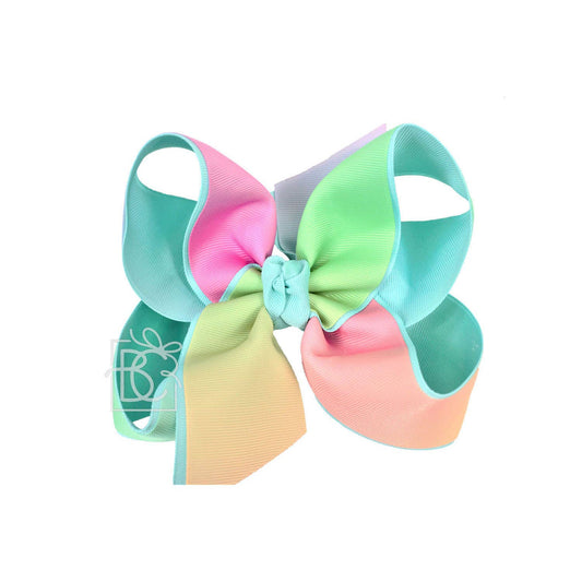 Beyond Creations, LLC - LAYERED RAINBOW BOW ON CLIP: AQUAMARINE/RAINBOW / 4" Med/Lg - 7/8" & 7/8" Ribbon on Alligator Clip