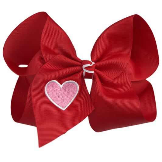 The Solid Bow - Red Bow with Pink Heart Embroidered Bow ❤️: 5 inch / Alligator Clip