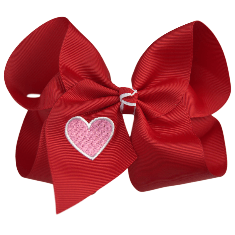The Solid Bow - Red Bow with Pink Heart Embroidered Bow ❤️: 4 inch / Alligator Clip