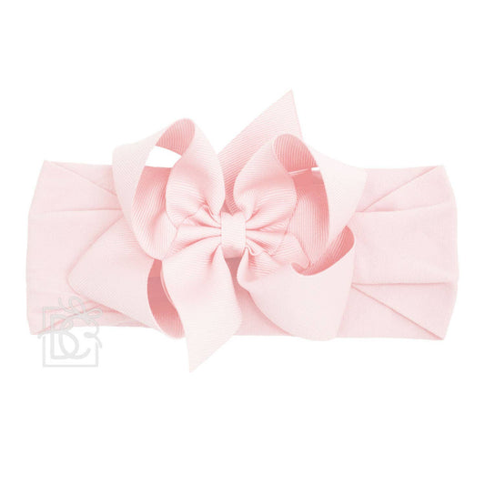 Beyond Creations, LLC - WIDE PANTYHOSE HEADBAND W/CLASSIC GROSGRAIN BOW: 0-3 Months / 4.5" Large / LIGHT PINK