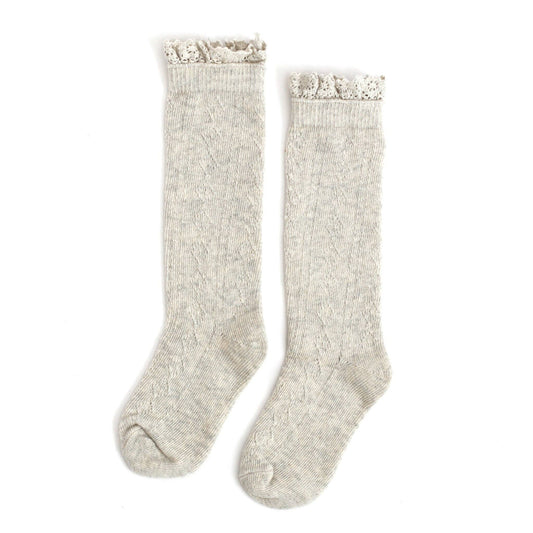 Little Stocking Co. - Heathered Ivory Fancy Lace Top Knee High Socks