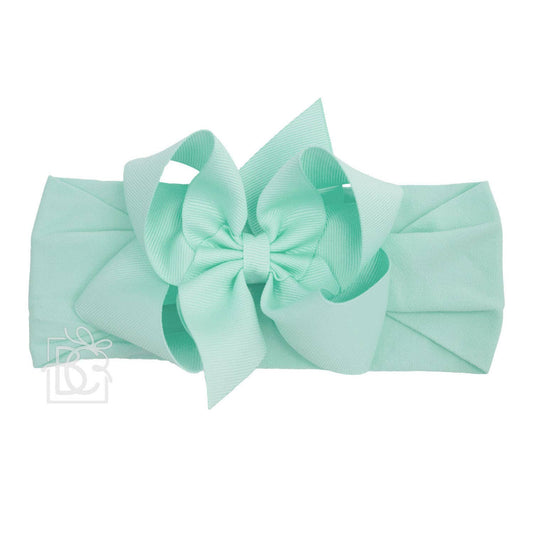 Beyond Creations, LLC - WIDE PANTYHOSE HEADBAND W/CLASSIC GROSGRAIN BOW: 3+ Months / 4.5" Large / AQUAMARINE